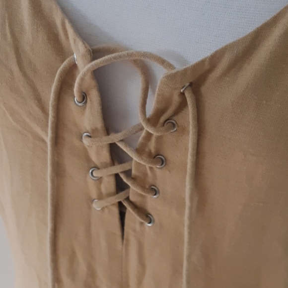 🍓Vintage 90s Y2K Linen Lace Up Dress Neutral M/L - Picture 6 of 6